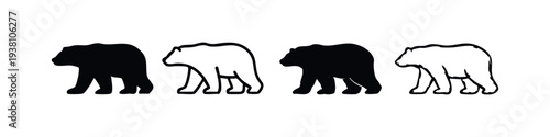 Cute Bear Icon Collection - Rounded Walking Bear Silhouettes and Outlines in Black and White