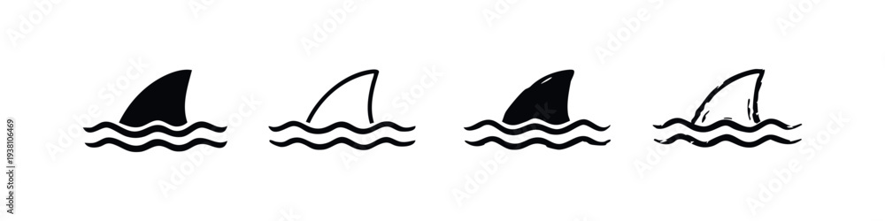 Obraz premium Hand drawn shark fin icon set with waves, danger in the water symbol, vector illustration.
