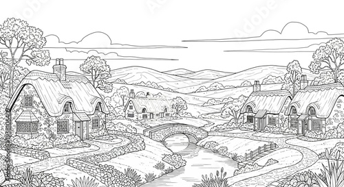 Black and white illustration of a village with thatched roof houses and a bridge