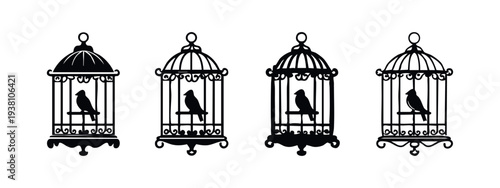 Decorative Birdcage with Bird Vector Icons Set