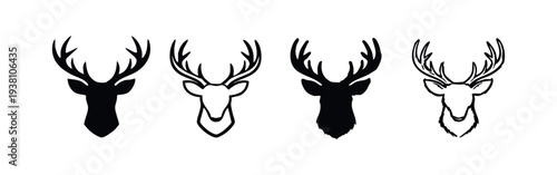 Deer Head with Antlers Icons Set. Forest Animal Vector Illustrations in Black and White.