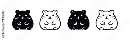 Cute Hamster Cartoon Icons Set. Simple Rodent Pet Vector Illustrations in Black and White.
