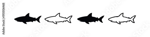 Hand drawn shark silhouette and outline icons set, vector illustration of marine predatory fish.
