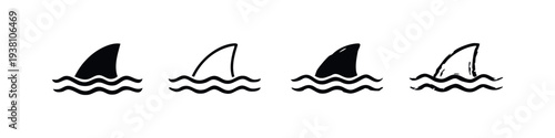 Hand drawn shark fin icon set with waves, danger in the water symbol, vector illustration.
