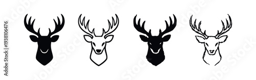 Stylized Deer Head Icons with Antlers. Wildlife Vector Art Collection in Black and White.