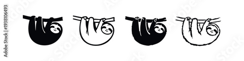 Stylized sloth hanging icons, solid and outline vector illustrations of a cute forest animal.