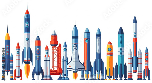 Collection of diverse rockets and spacecraft ready for launch.