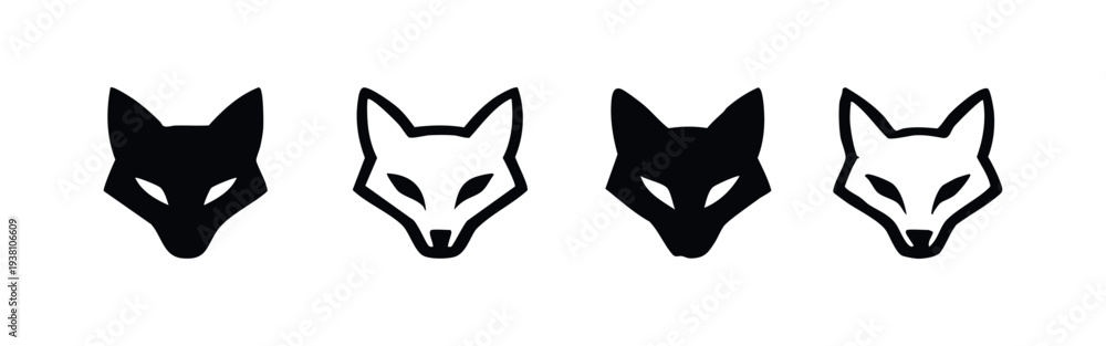 Fototapeta premium Stylized Fox Head Icons in Solid Black and Outline Vector Styles.