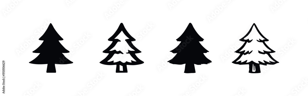 Fototapeta premium Four Stylized Pine Tree Icons Set for Forest and Nature Designs.