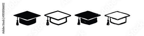 Set of Four Graduation Cap Icons in Black and Outline Vector Styles.