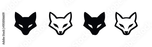 Stylized Fox Head Icons in Solid Black and Outline Vector Styles.