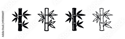 Stylized Bamboo Stalk Icons Set with Leaves in Black and Outline Vector.