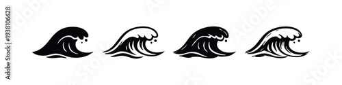 Set of Four Stylized Ocean Wave Icons, Crashing Water Symbols for Marine and Beach Designs
