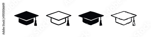 Graduation Cap Icons in Solid and Outline Styles for Academic Designs.