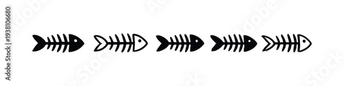 Minimalist Fish Skeleton Vector Icon Pack. Black and White Fish Bones Anatomy Drawings.