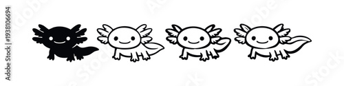 Cute Axolotl Vector Icon Collection. Black and White Smiling Amphibian Animal Illustrations.