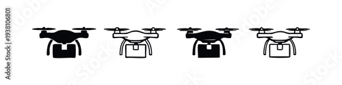 Front View Drone Delivery Icons Set. Aerial Package Shipping Vector Illustration.