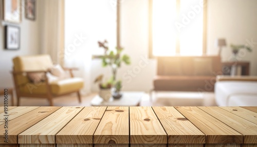 Sunny, blurry living room view from wooden table. Interior shows natural light, vintage furniture and homey accents