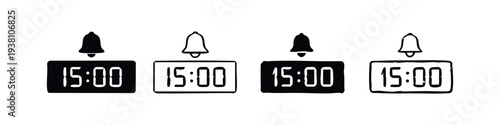 Digital Alarm Clock Icon Set with Bell, Time Management and Schedule Reminder, 15 O'Clock Notification Icons