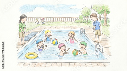 保育園のプールで水遊びを楽しむ子どもたちと先生の手描き風イラスト