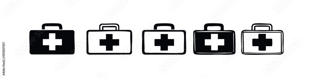 Fototapeta premium First Aid Kit Icons Set. Medical Emergency Box Hand Drawn Doodle Style Vector Illustrations.