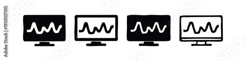 Computer Monitor with Waveform Graph Icons. Audio Signal or Heartbeat Pulse Display Screen Vector.