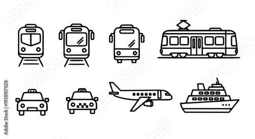 Minimalist passenger transportation vehicles vector illustration line art collection