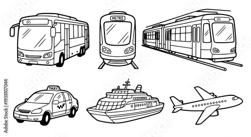 Hand-drawn passenger transportation vehicles vector illustration for kids and adults