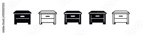 Bedside Table Nightstand Vector Icons Collection. Bedroom Cabinet and Home Furniture Symbols.