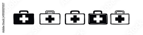 First Aid Kit Icons Set. Medical Emergency Box Hand Drawn Doodle Style Vector Illustrations.