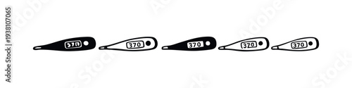 Digital Thermometer Icons Set. Medical Device Showing 37.0 Temperature Hand Drawn Doodle Style Vector Illustrations.