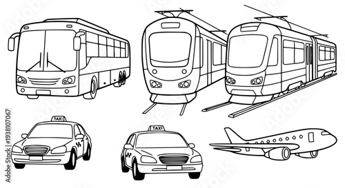 Passenger transportation vehicles vector illustration set line art for education and design