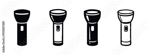 Flashlight Icons Set. Hand Torch Light Device Hand Drawn Doodle Style Vector Illustrations.