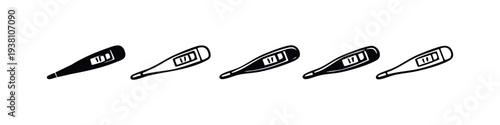 Digital Thermometer Icons Set. Medical Device for Temperature Measurement Hand Drawn Doodle Style Vector Illustrations.