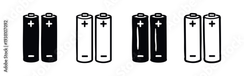 Battery Icons Set. AA or AAA Size Rechargeable and Disposable Power Cells Hand Drawn Doodle Style Vector Illustrations.