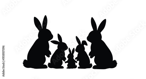 Charming black rabbit family silhouettes vector graphic illustration depicting spring, easter, and animal bonds.