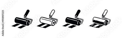 Paint Roller and Paint Stripe Icons in Different Styles: Solid, Outlined, and Sketch