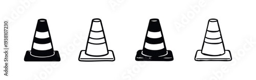 Road Traffic Cone Icons Collection: Solid, Outlined, and Textured Styles