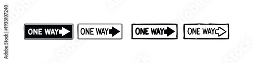Directional One Way Sign Icons in Black and White: Solid, Outlined, and Sketch