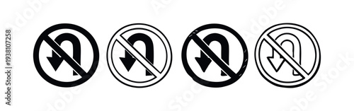 No U-Turn Traffic Sign Icons with Prohibitive Symbol: Road Regulations