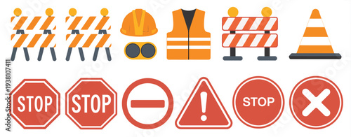 Set of Construction Work Safety Signs, Vector Illustrations Isolated on Transparent Background Featuring Warning, Caution, and Safety Symbols for Workplace and Industrial Design Projects.