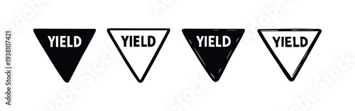 Yield Sign Icons Set in Various Styles: Flat, Outline, and Hand-Drawn Traffic Symbols for Giving Way and Caution