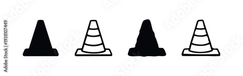 Traffic Cone Icons Set in Various Styles: Flat, Outline, and Hand-Drawn Road Safety Symbols for Construction and Caution
