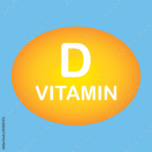 Vitamin D Supplement Vector Icon; Orange Sunshine Vitamin Capsule for Health, Nutrition, and Immune System Support. Sunny Pill Graphic Design Isolated on Blue Background for Wellness and Medical UI.