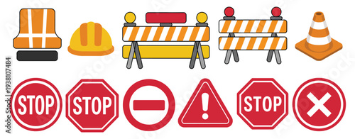 Set of Construction Safety Sign Icons, Including Warning, Mandatory, and Caution Symbols on Transparent Background Ideal for Industrial Safety, Worksite Graphics, and Creative Applications.