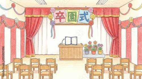 春の卒園式を迎える幼稚園ホールのやさしい手描き水彩イラスト