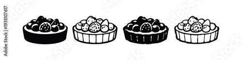 Berry tart icons set. Sweet individual dessert tarts topped with assorted fresh fruits and berries.
