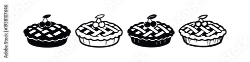 Whole cherry pies with lattice crust design and cherry topping in various styles, sweet dessert icons