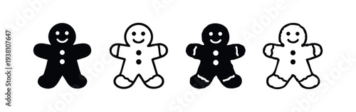 Hand-drawn doodle gingerbread man cookie icon set. Christmas baked sweet treats vector in black and white silhouette and outline styles.