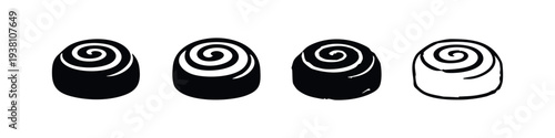 Hand-drawn doodle cinnamon roll icon set. Sweet baked pastry vector in black and white silhouette and outline styles.